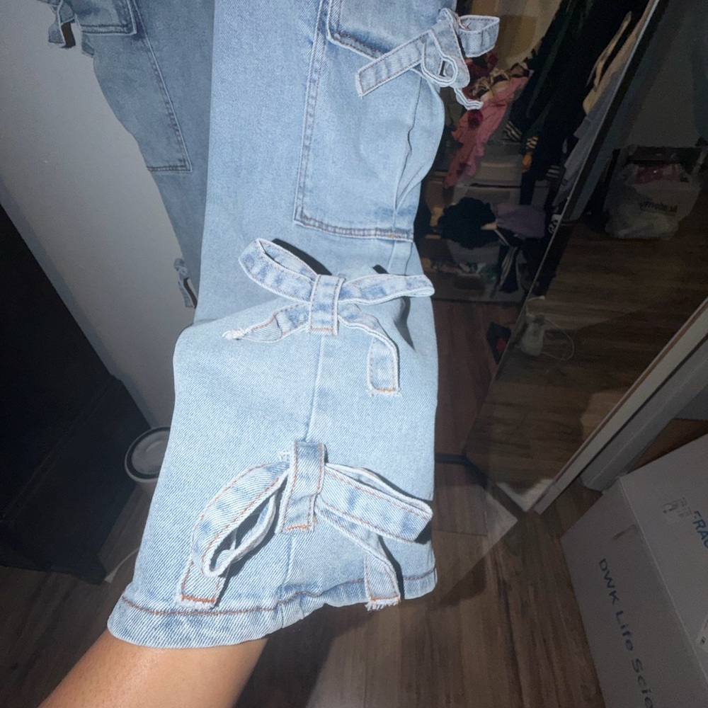Light Blue Straight Leg Jeans with Bow Accents